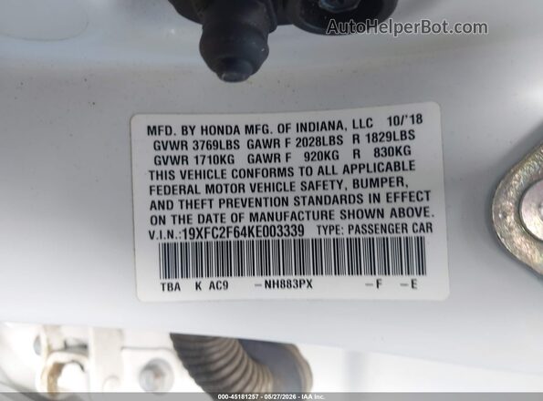 19XFC2F64KE003339 2019 HONDA CIVIC White Շարժիչի բաժամունքի տեսք