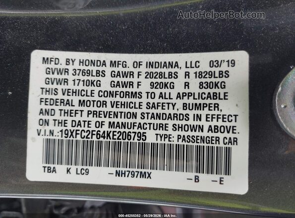 19XFC2F64KE206795 2019 HONDA CIVIC Gray Widok komory silnika