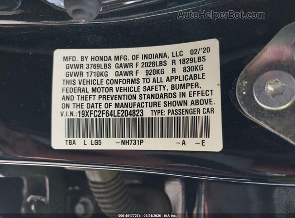 19XFC2F64LE204823 2020 HONDA CIVIC Black Engine compartment view