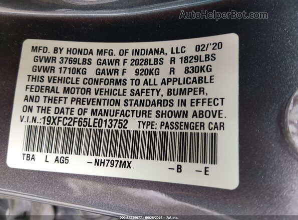 19XFC2F65LE013752 2020 HONDA CIVIC Серый Вид подкапотного пространства
