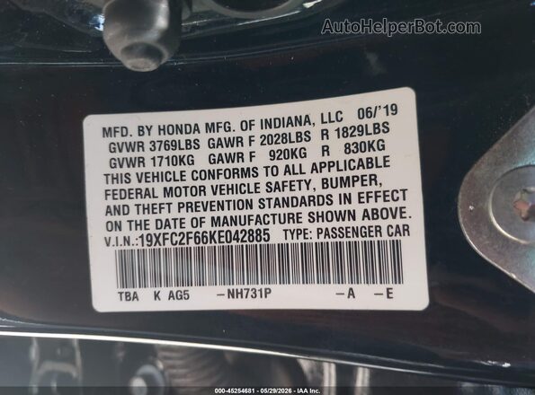 19XFC2F66KE042885 2019 HONDA CIVIC Черный Вид подкапотного пространства