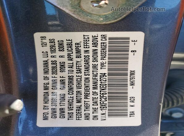 19XFC2F67KE012794 2019 HONDA CIVIC Gray Engine compartment view