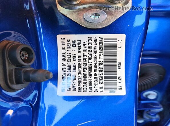 19XFC2F67KE017462 2019 HONDA CIVIC Blue 