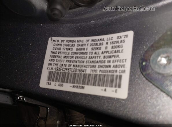 19XFC2F67LE016541 2020 HONDA CIVIC Gray 