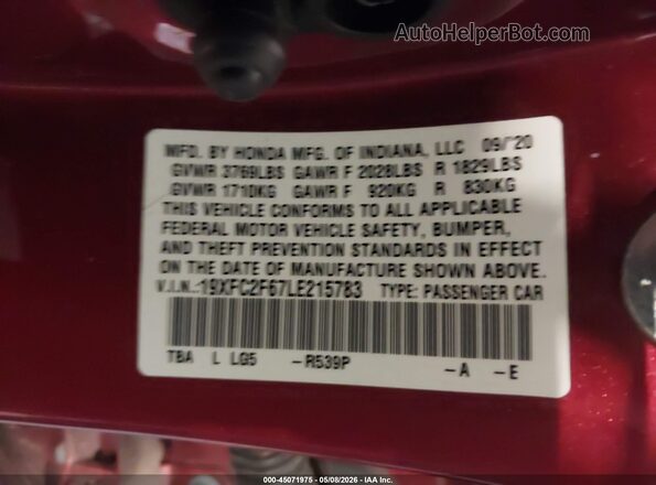 19XFC2F67LE215783 2020 HONDA CIVIC Burgundy Vista del compartimento del motor