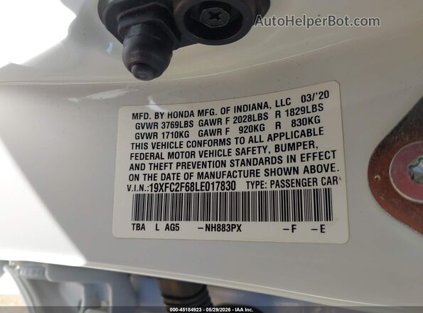 19XFC2F68LE017830 2020 HONDA CIVIC Белый Вид подкапотного пространства