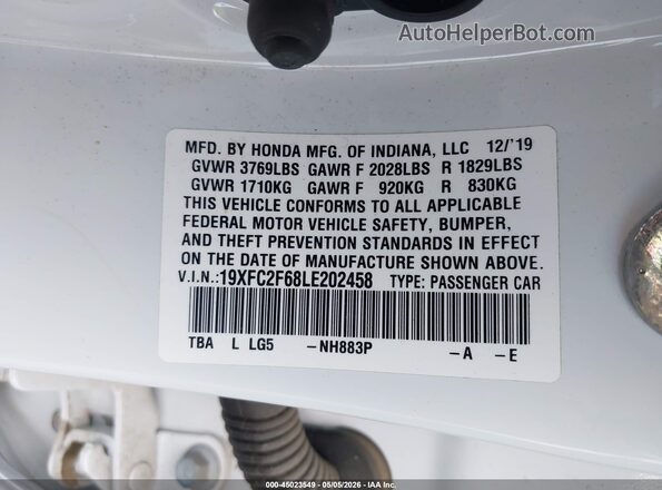 19XFC2F68LE202458 2020 HONDA CIVIC Белый Вид подкапотного пространства