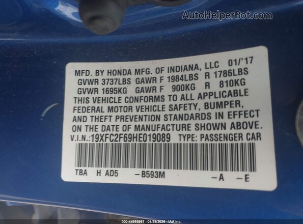 19XFC2F69HE019089 2017 HONDA CIVIC Blue 