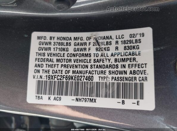 19XFC2F69KE027460 2019 HONDA CIVIC Gray Engine compartment view