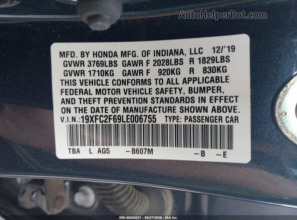 19XFC2F69LE006755 2020 HONDA CIVIC Dark Blue ძრავის განყოფილების ხედი