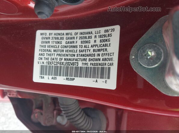 19XFC2F6XLE024973 2020 HONDA CIVIC Красный 