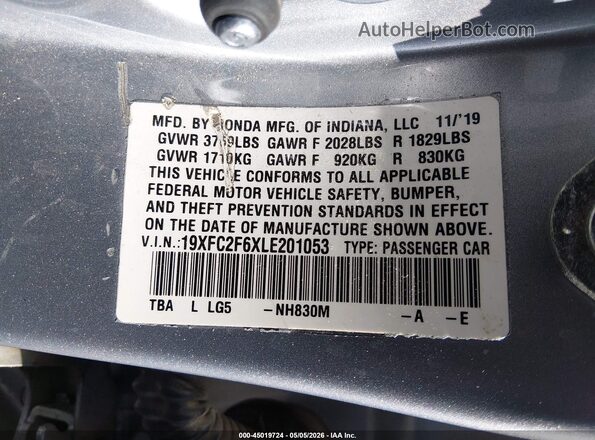 19XFC2F6XLE201053 2020 HONDA CIVIC Silver Vista del compartimento del motor