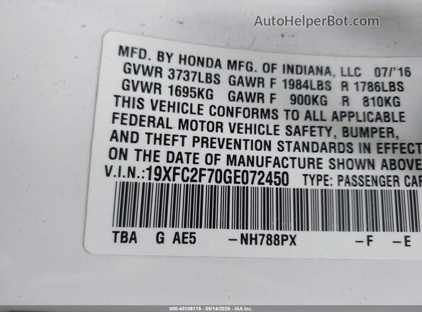 19XFC2F70GE072450 2016 HONDA CIVIC Белый Вид подкапотного пространства