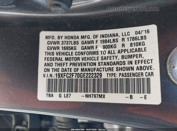 19XFC2F70GE222329 2016 HONDA CIVIC Gray 