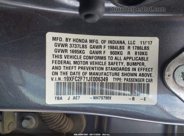 19XFC2F71JE006349 2018 HONDA CIVIC Gray 
