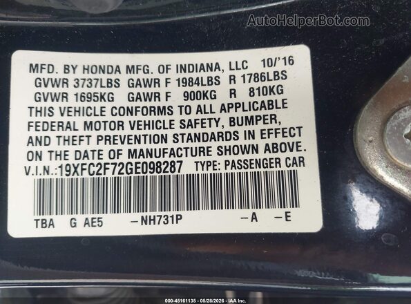 19XFC2F72GE098287 2016 HONDA CIVIC Black 