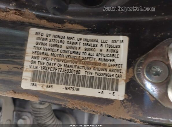 19XFC2F72JE030160 2018 HONDA CIVIC Gray ძრავის განყოფილების ხედი