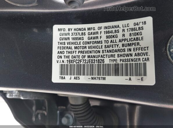 19XFC2F72JE031826 2018 HONDA CIVIC Gray 
