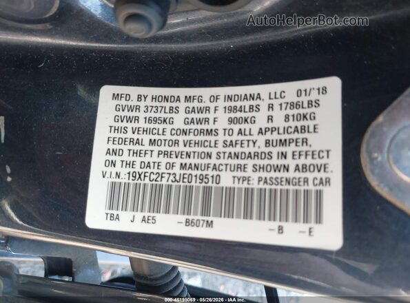 19XFC2F73JE019510 2018 HONDA CIVIC Blue Vista del compartimento del motor