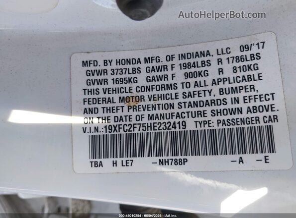 19XFC2F75HE232419 2017 HONDA CIVIC White Vista del compartimento del motor