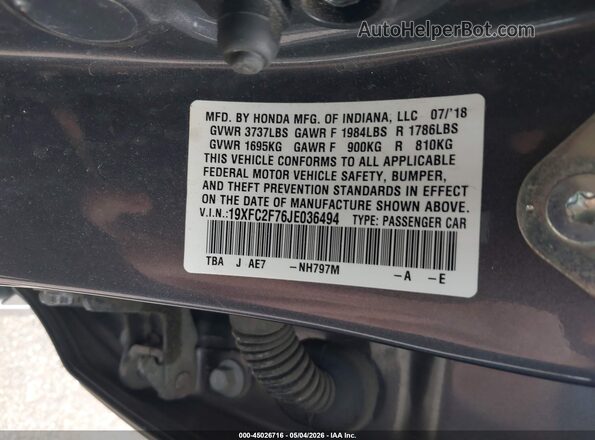 19XFC2F76JE036494 2018 HONDA CIVIC Gray Շարժիչի բաժամունքի տեսք