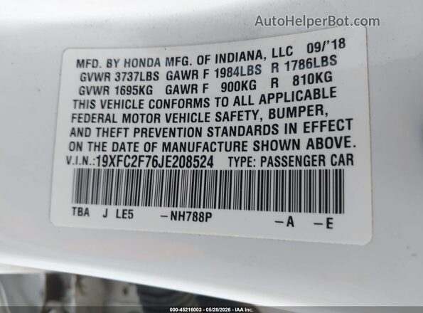 19XFC2F76JE208524 2018 HONDA CIVIC Белый 