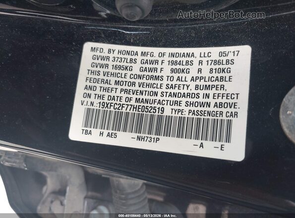 19XFC2F77HE052519 2017 HONDA CIVIC Черный Вид подкапотного пространства