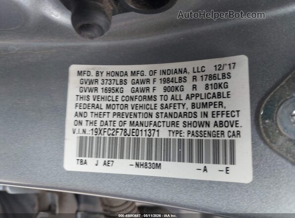 19XFC2F78JE011371 2018 HONDA CIVIC Silver ძრავის განყოფილების ხედი