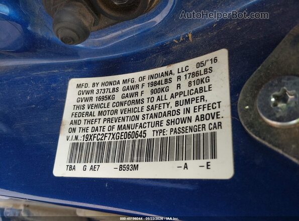 19XFC2F7XGE060645 2016 HONDA CIVIC Blue Вид підкапотного простору