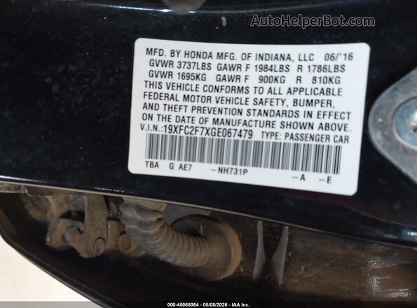 19XFC2F7XGE067479 2016 HONDA CIVIC Черный Вид подкапотного пространства