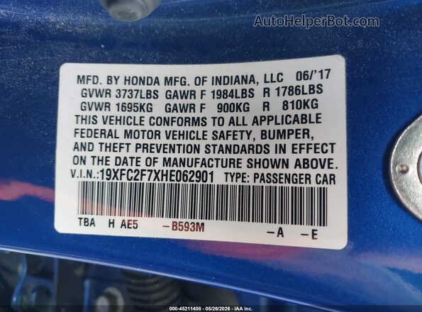 19XFC2F7XHE062901 2017 HONDA CIVIC Синий Вид подкапотного пространства
