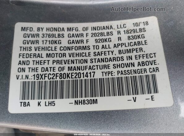 19XFC2F80KE201417 2019 HONDA CIVIC Silver Vista del compartimento del motor
