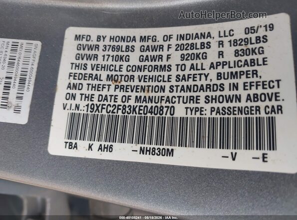 19XFC2F83KE040870 2019 HONDA CIVIC Silver Вид підкапотного простору