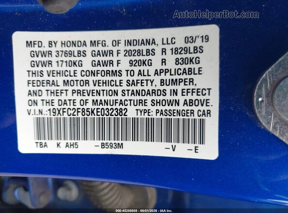 19XFC2F85KE032382 2019 HONDA CIVIC Blue Շարժիչի բաժամունքի տեսք