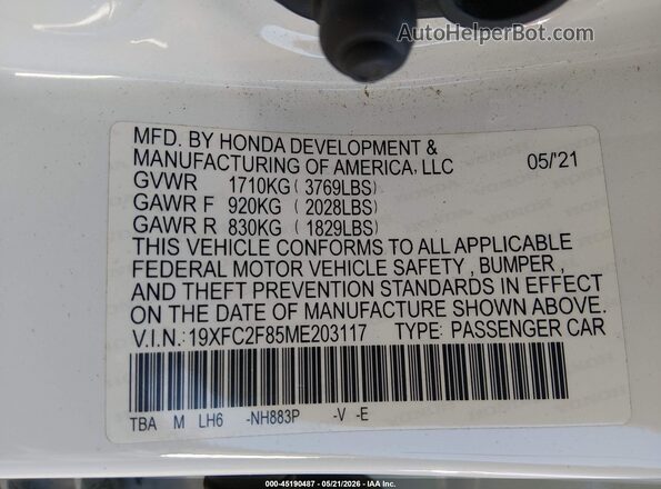 19XFC2F85ME203117 2021 HONDA CIVIC White 