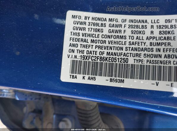 19XFC2F86KE051250 2019 HONDA CIVIC Синий Вид подкапотного пространства