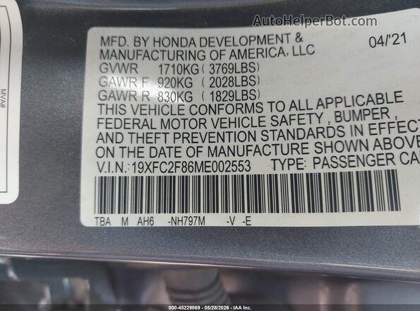 19XFC2F86ME002553 2021 HONDA CIVIC Gray Widok komory silnika