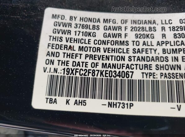 19XFC2F87KE034067 2019 HONDA CIVIC Black Widok komory silnika
