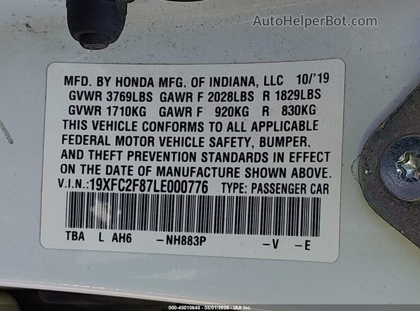 19XFC2F87LE000776 2020 HONDA CIVIC Белый Вид подкапотного пространства