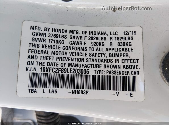 19XFC2F89LE203006 2020 HONDA CIVIC White Вид підкапотного простору