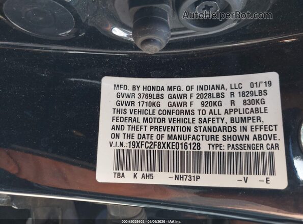 19XFC2F8XKE016128 2019 HONDA CIVIC Black Vista del compartimento del motor
