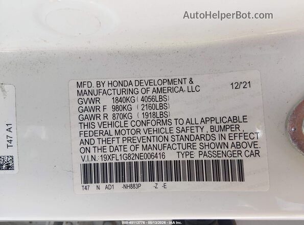 19XFL1G82NE006416 2022 HONDA CIVIC White Vista del compartimento del motor