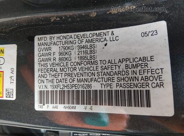 19XFL2H53PE016286 2023 HONDA CIVIC Gray Вид підкапотного простору
