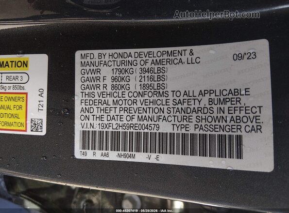 19XFL2H59RE004579 2024 HONDA CIVIC Gray Вид підкапотного простору