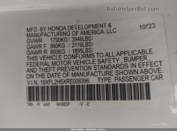 19XFL2H5XRE008396 2024 HONDA CIVIC White Vista del compartimento del motor