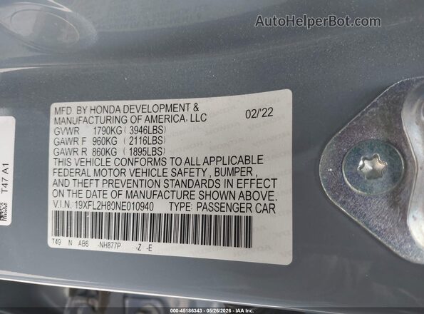 19XFL2H80NE010940 2022 HONDA CIVIC Purple Շարժիչի բաժամունքի տեսք