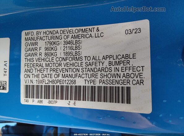 19XFL2H80PE012268 2023 HONDA CIVIC Blue Շարժիչի բաժամունքի տեսք