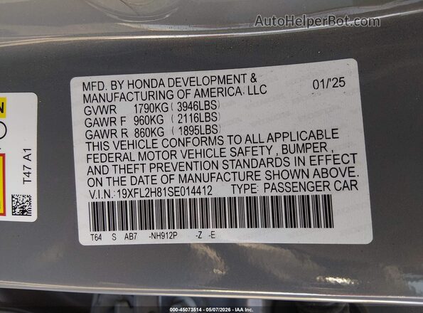 19XFL2H81SE014412 2025 HONDA CIVIC Серый Вид подкапотного пространства