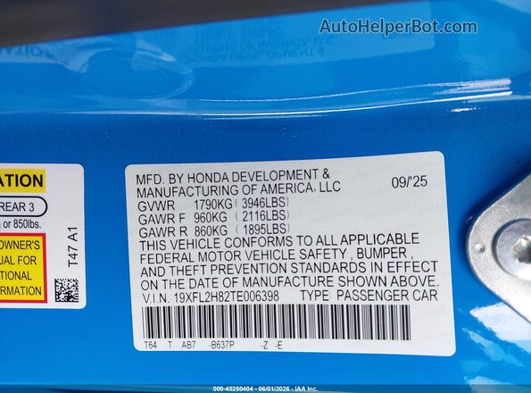 19XFL2H82TE006398 2026 HONDA CIVIC Blue Widok komory silnika