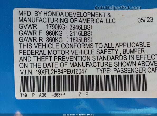 19XFL2H84PE016047 2023 HONDA CIVIC Blue Engine compartment view